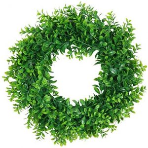 Pauwer Artificial Green Leaves Wreath 16″ Boxwood Wreath Farmhouse Greenery Wreath for Front Door Hanging Wall Window Party Decor (16″ Boxwood)