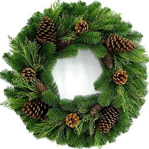 26″ Juniper Pine Wreath (30″ Fully Opened) – Accurately Mimics Texture and Color of Natural, Freshly Cut Pine Needles – Adorned with Select Cones & Cedar Sprigs – Designer Preferred Look