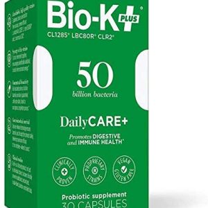 Bio-K + Daily Care Plus Probiotic Supplement Capsules for Adult Men and Women, 50 Billion Active Bacteria, Promotes Immune System Health – Vegan & Gluten-Free Delayed Release, 30 Capules/Box